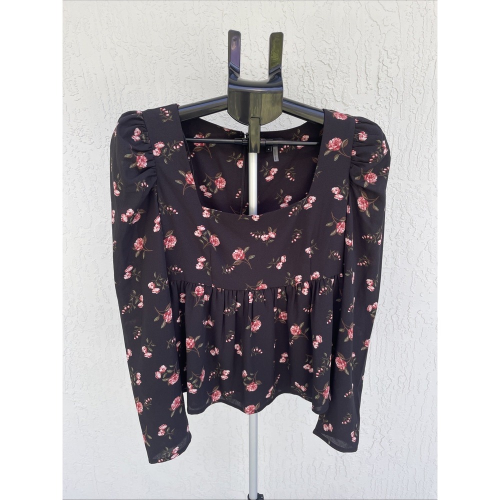 1.STATE Floral Blouse, Black pink floral smocked top zip back NWT 4 boho swing